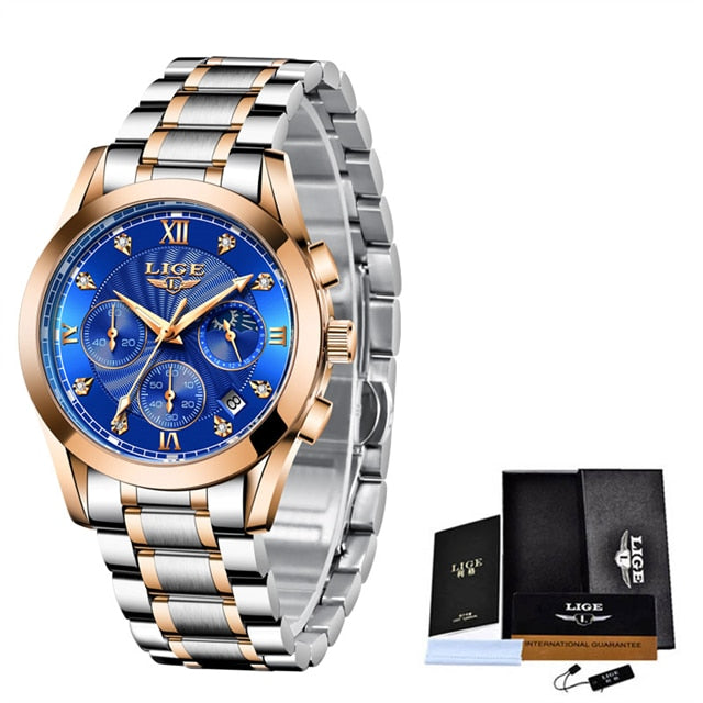 LIGE Women's Fine Fashion Premium Quality Luxury Style Stainless Steel & Leather Bracelet Watch