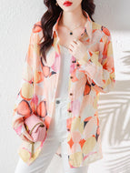 GRACE Design Women's Fashion Stylish Elegant Vintage Floral Linen Soft Pink Orange Yellow Blouse Top - Divine Inspiration Styles
