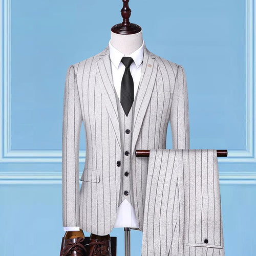 TQSUITS Men's Premium Quality Jacket Vest & Pants 3 Piece Formal Wear Beige Pinstripes Suit Set - Divine Inspiration Styles