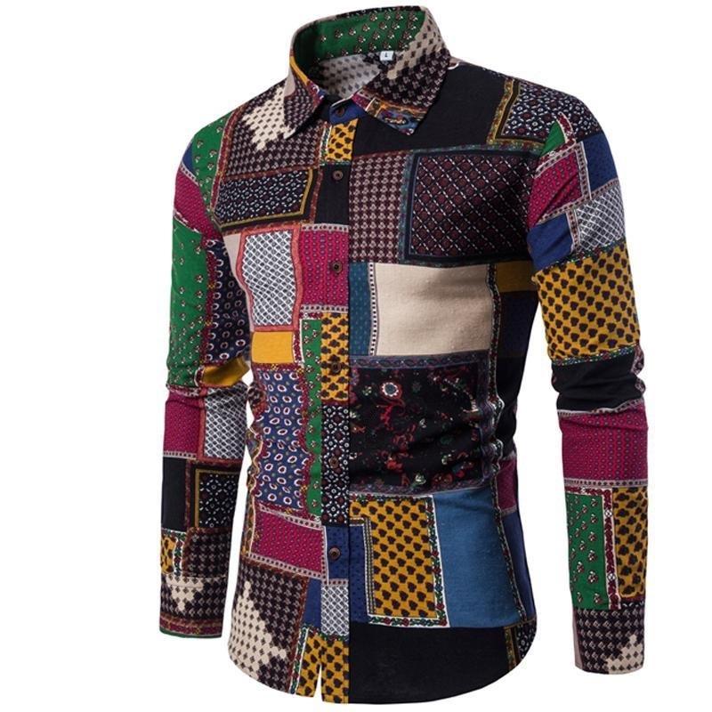 T-BIRD Men's Fashion Premium Quality Long Sleeves Multi Color Red Orange Yellow Green Blue Black & White Patchwork Hawaiian Dress Shirt CS7 Golden