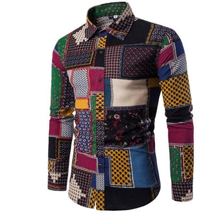 T-BIRD Men's Fashion Premium Quality Long Sleeves Multi Color Blue Yellow & Green Mural Art Hawaiian Dress Shirt