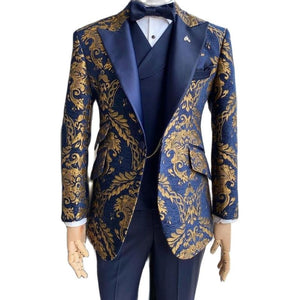TUNE SUITS Men's Fashion Formal 3 Piece Navy Blue & Gold Embroidery Tuxedo (Jacket + Pants + Vest) Suit Set