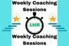 Promotional graphic for weekly coaching sessions with a timer icon and stars on a blue background.