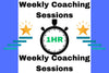 Promotional graphic for weekly coaching sessions with a timer icon and stars on a blue background.