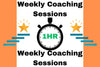 Promotional graphic for weekly coaching sessions with a timer icon and stars on an orange background.