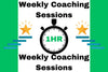 Promotional graphic for weekly coaching sessions with a timer icon and text on a green background.
