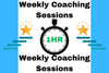 Promotional graphic for weekly coaching sessions with a timer icon and stars on a blue background.