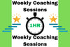 Promotional graphic for weekly coaching sessions with a timer icon and stars on a green background.