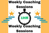Promotional graphic for weekly coaching sessions with a timer icon and text on a yellow background.