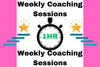 Promotional graphic for weekly coaching sessions with a timer icon and stars on a pink background.