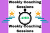 Promotional graphic for weekly coaching sessions with a timer icon and stars on a purple background.