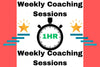 Promotional graphic for weekly coaching sessions with a timer icon and stars on a red background.