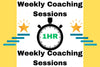 Promotional graphic for weekly coaching sessions with a timer icon and stars on a yellow background.