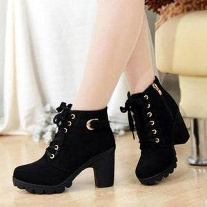 HARTFORD Women's Fashion Black Velvet Suede Ankle Boots with Lace & Buckle - Divine Inspiration Styles