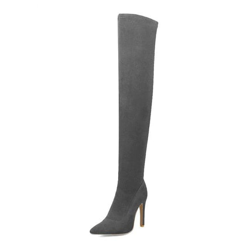 DORA Women's Elegant Fine Fashion Soft Lining Velvet Suede Thigh High Heels Gray Dress Boots - Divine Inspiration Styles