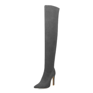 DORA Women's Elegant Fine Fashion Soft Lining Velvet Suede Thigh High Heels Gray Dress Boots - Divine Inspiration Styles