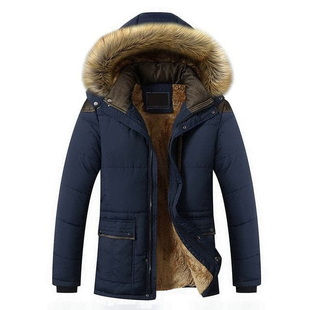 HQI Men's Classic Sports Fashion Navy Blue Coat Jacket Fur Collar Hooded Thick Parka Winter Coat Jacket - Divine Inspiration Styles