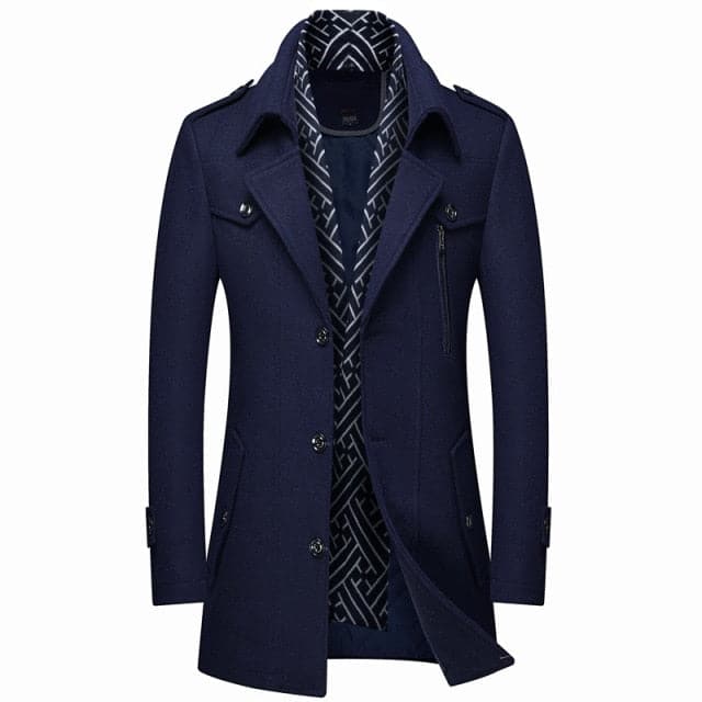 RUEL Design Men's Fashion Premium Quality Navy Blue Stylish Long Wool Blend Trench Coat Jacket - Divine Inspiration Styles