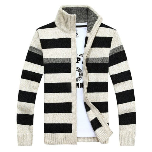 MANTLC Men's Fashion Premium Quality Beige Stripes Knitted Design Zipper Sweater Jacket - Divine Inspiration Styles