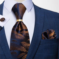 DBG VIP Design Collection Men's Fashion Brown Feathers Multi Design 100% Premium Quality Silk Tie Set - Divine Inspiration Styles