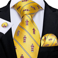 DBG VIP Design Collection Men's Fashion Golden Yellow & Red Light House Abstract 100% Premium Quality Silk Ties - Divine Inspiration Styles