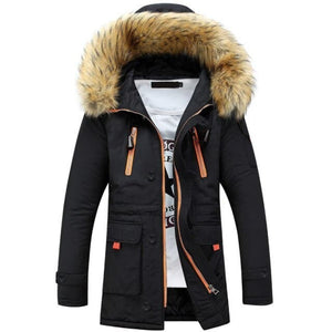 HQI Men's Sports Fashion Black Coat Jacket Fur Collar Hooded Thick Parka Winter Jacket - Divine Inspiration Styles