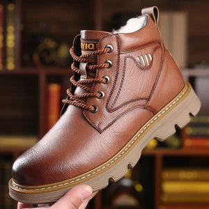 NPZ Men's Fashion Genuine Leather Plush Fur Brown Boot Shoes - Divine Inspiration Styles
