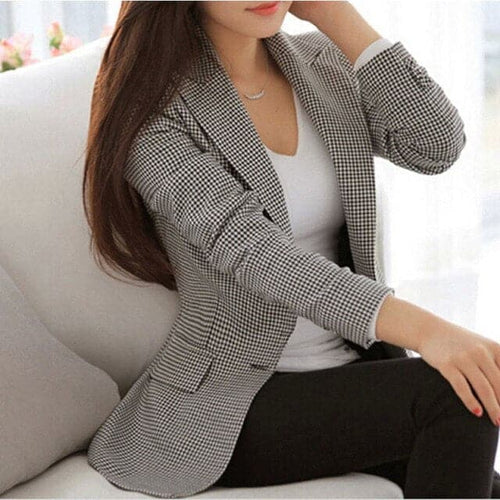 CHECKERED Women's Fine Fashion Mesh Design Black & White Checkered Blazer Jacket - Divine Inspiration Styles