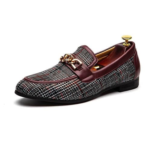 MEIJIANA Men's Genuine Leather Plaid Design Brown Plaid Loafers Shoes - Divine Inspiration Styles