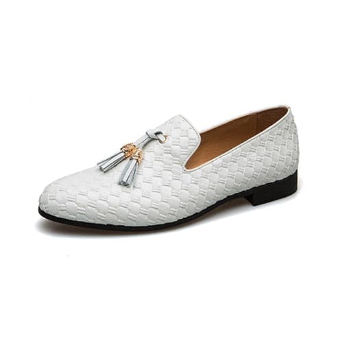 MEIJIANA Men's Genuine Leather Plaid Design White Loafers Shoes With Tassels Design Style - Divine Inspiration Styles