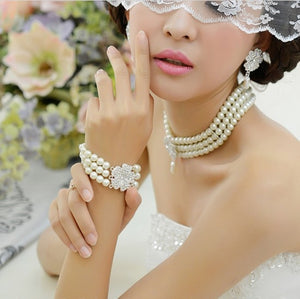 BELLA Design Women's Luxury Style Fashion Vintage Elegant Clover Leaves Multi-Layer Pearl Jewelry Set