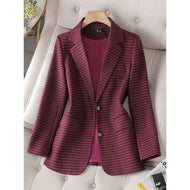 CAROLINE SUITS Women's Elegant Stylish Fashion Office Professional Woven Burgundy Red Plaid Blazer Jacket - Divine Inspiration Styles