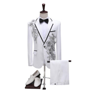 CGSUITS Men's Fashion Floral Applique White Black Blue Red Blazer Suit Jacket & Pants Suit Set - Divine Inspiration Styles