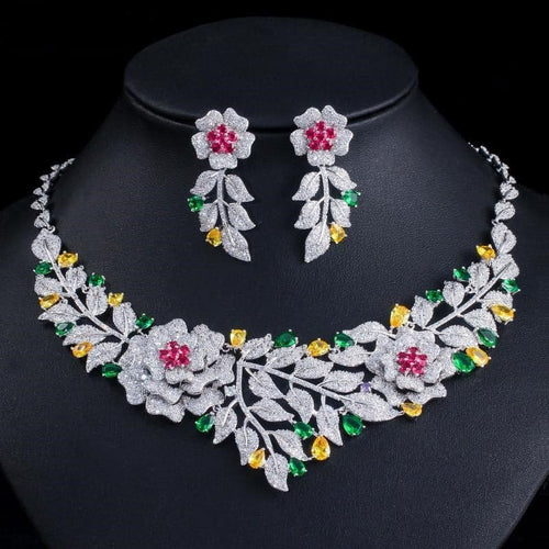 CWW Women's Fashion Rose Flower Wedding Necklace & Earrings Jewelry Set - Divine Inspiration Styles