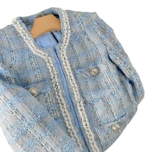 ELMA Women's Elegant Stylish Fashion Woven Light Blue Plaid Blazer Jacket - Divine Inspiration Styles