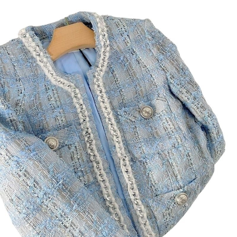 ELMA Women's Elegant Stylish Fashion Woven Light Blue Plaid Blazer Jacket - Divine Inspiration Styles