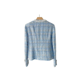 ELMA Women's Elegant Stylish Fashion Woven Light Blue Plaid Blazer Jacket - Divine Inspiration Styles