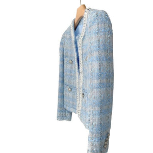 ELMA Women's Elegant Stylish Fashion Woven Light Blue Plaid Blazer Jacket - Divine Inspiration Styles