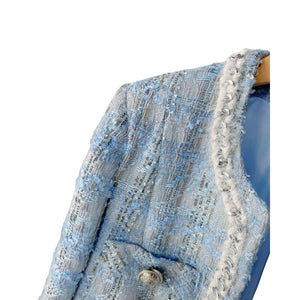 ELMA Women's Elegant Stylish Fashion Woven Light Blue Plaid Blazer Jacket - Divine Inspiration Styles