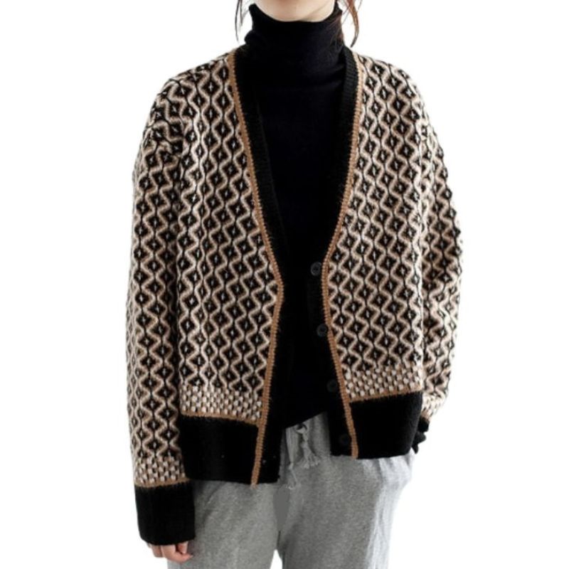 FSD Women's Elegant Fashion Bold Argyle Geometric Knitted Cardigan Sweater Jacket - Divine Inspiration Styles
