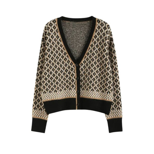FSD Women's Elegant Fashion Bold Argyle Geometric Knitted Cardigan Sweater Jacket - Divine Inspiration Styles