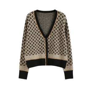 FSD Women's Elegant Fashion Bold Argyle Geometric Knitted Cardigan Sweater Jacket - Divine Inspiration Styles
