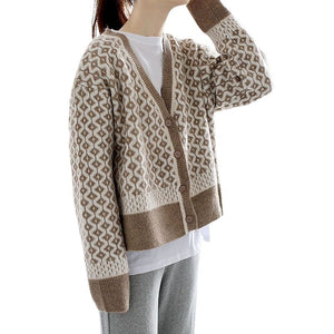 FSD Women's Elegant Fashion Bold Argyle Geometric Knitted Cardigan Sweater Jacket - Divine Inspiration Styles