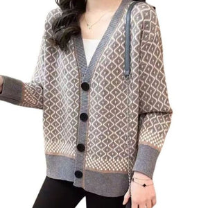 FSD Women's Elegant Fashion Bold Argyle Geometric Knitted Cardigan Sweater Jacket - Divine Inspiration Styles