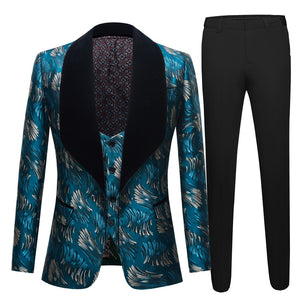 CGSUITS Men's Fashion Formal 3 Piece Teal Green Blue Black Tuxedo (Jacket + Vest + Pants) Suit Set