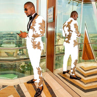 KINGSTON SUITS Men's Fashion Formal 2-Piece Tuxedo (Jacket + Pants) Black Shawl Lapel White & Gold Suit Set