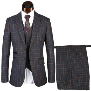SZSUITS Men's Premium Quality (Jacket + Vest + Pants) 3 Piece Formal Wear Navy Blue & Gray Plaid Suit Set