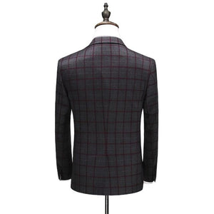 SZSUITS Men's Premium Quality (Jacket + Vest + Pants) 3 Piece Formal Wear Navy Blue & Gray Plaid Suit Set
