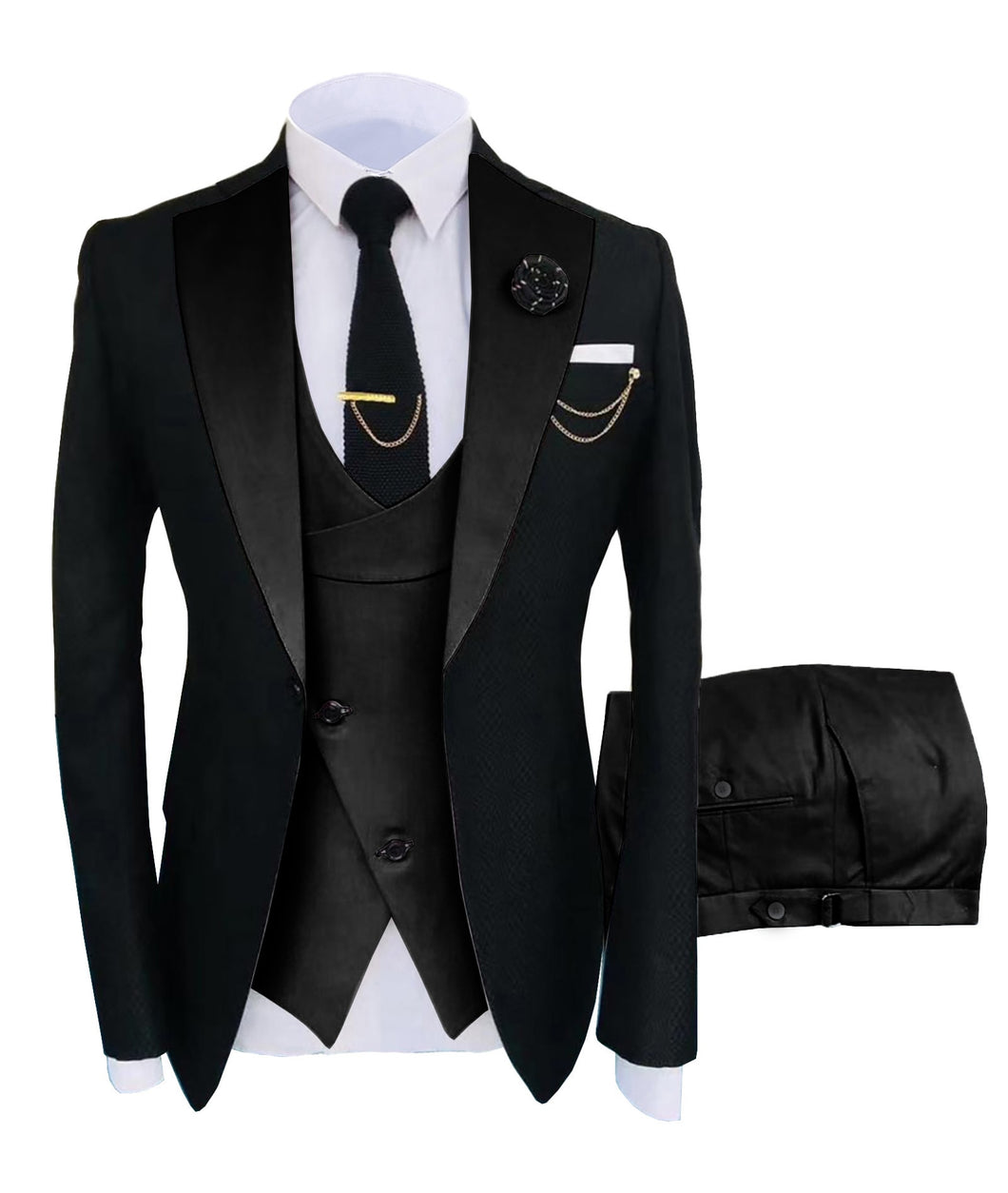 KENTON SUITS Men's Fashion Formal 3 Piece Tuxedo (Jacket + Vest + Pants) Black & Black Suit Set - Divine Inspiration Styles