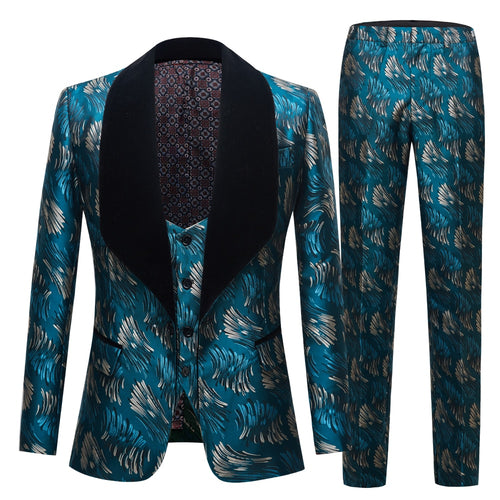 CGSUITS Men's Fashion Formal 3 Piece Teal Green Blue Black Tuxedo (Jacket + Vest + Pants) Suit Set - Divine Inspiration Styles